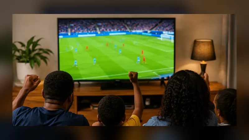 A family watching a football match on a television in a living room