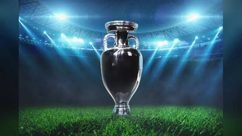 A silver cup trophy standing on the pitch of a floodlit stadium